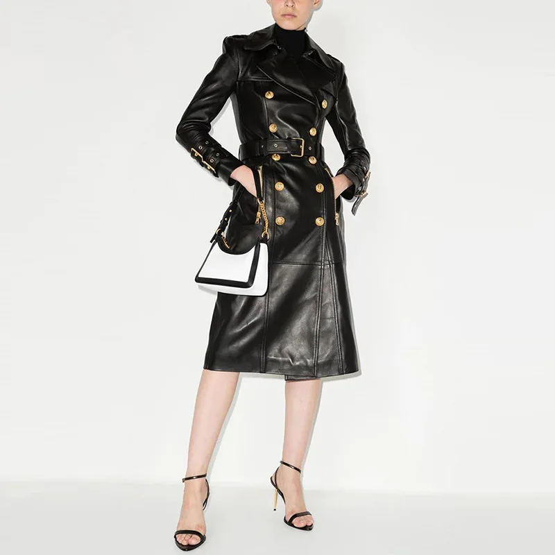 

2022 Autumn And Winter New European And American Star Fashion Temperament Double-breasted Belt Leather Long Women's Trench Coat