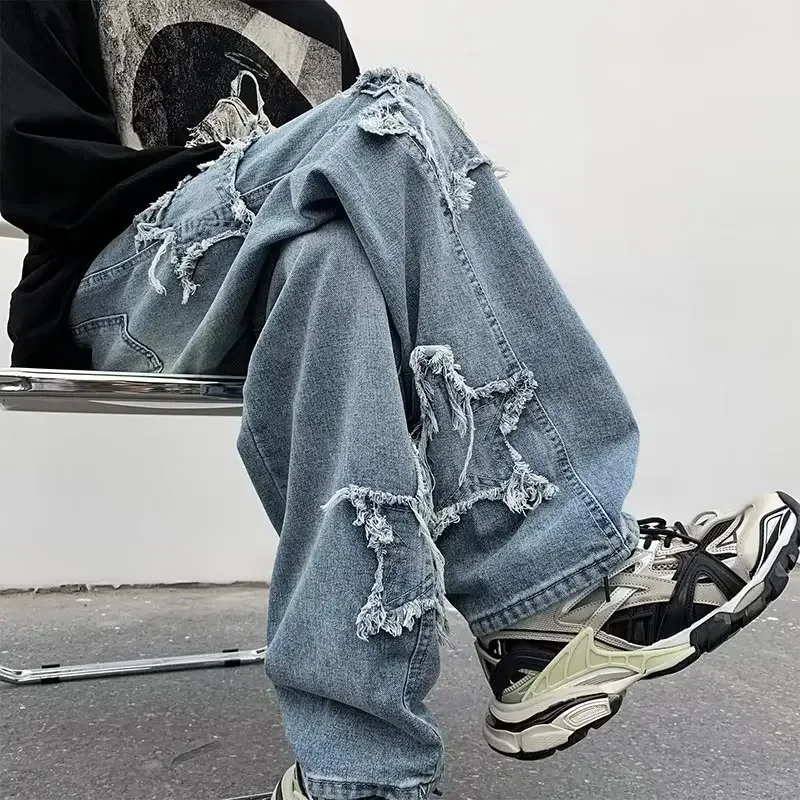 2023 New Fashion Star Embroidery Brown Men's Jeans Y2K Vintage Hip Hop Pants Straight Trousers Floor Slam Pants Calça Masculina