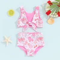 1-4years Toddler Girls Two Piece Swimsuits Sleeveless Cartoon Floral Print Bikini Set Kids Girls Summer Bathing Suits 2