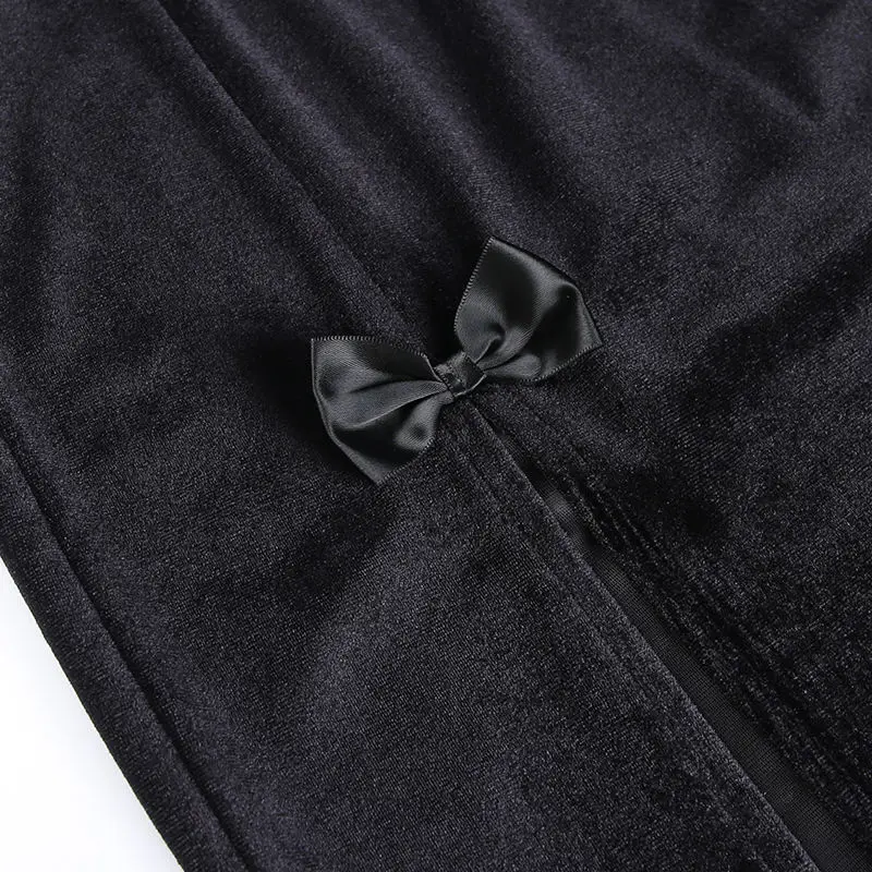 black maxi skirt Dark series skirt 2022 new design feeling minority bow Suede double-slit half-length skirt denim skirt