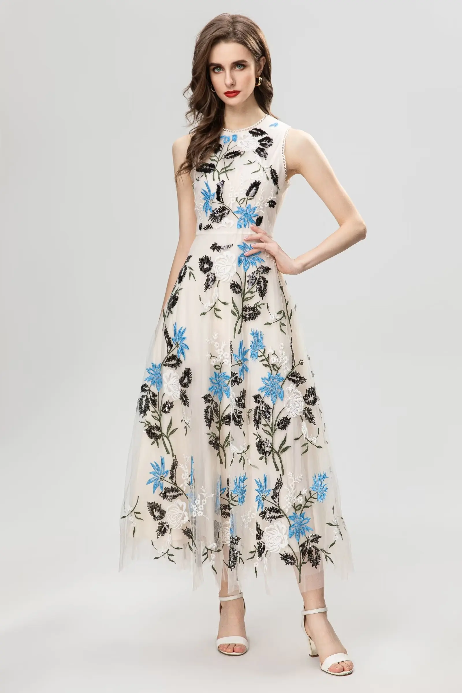 

Versatile Sleeveless Tank Top Round Neck Party Banquet 2023 Autumn Women's Mesh Hollow out Embroidered High Waist Dress