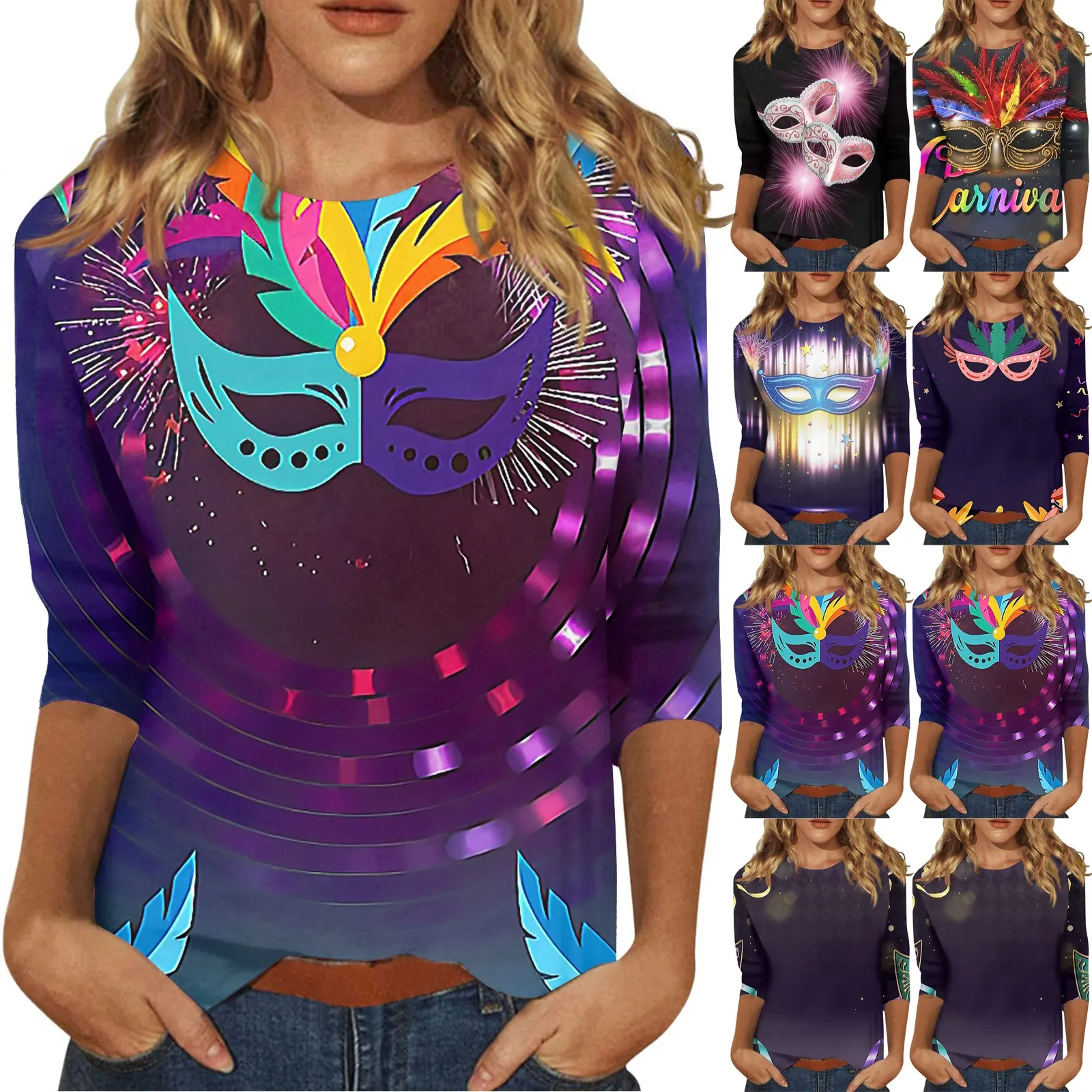 

2024 модный винтажный топ с рукавом 3/4 для женщин, женская Повседневная блузка с рукавом три четверти и круглым вырезом, топы с круглым вырезом