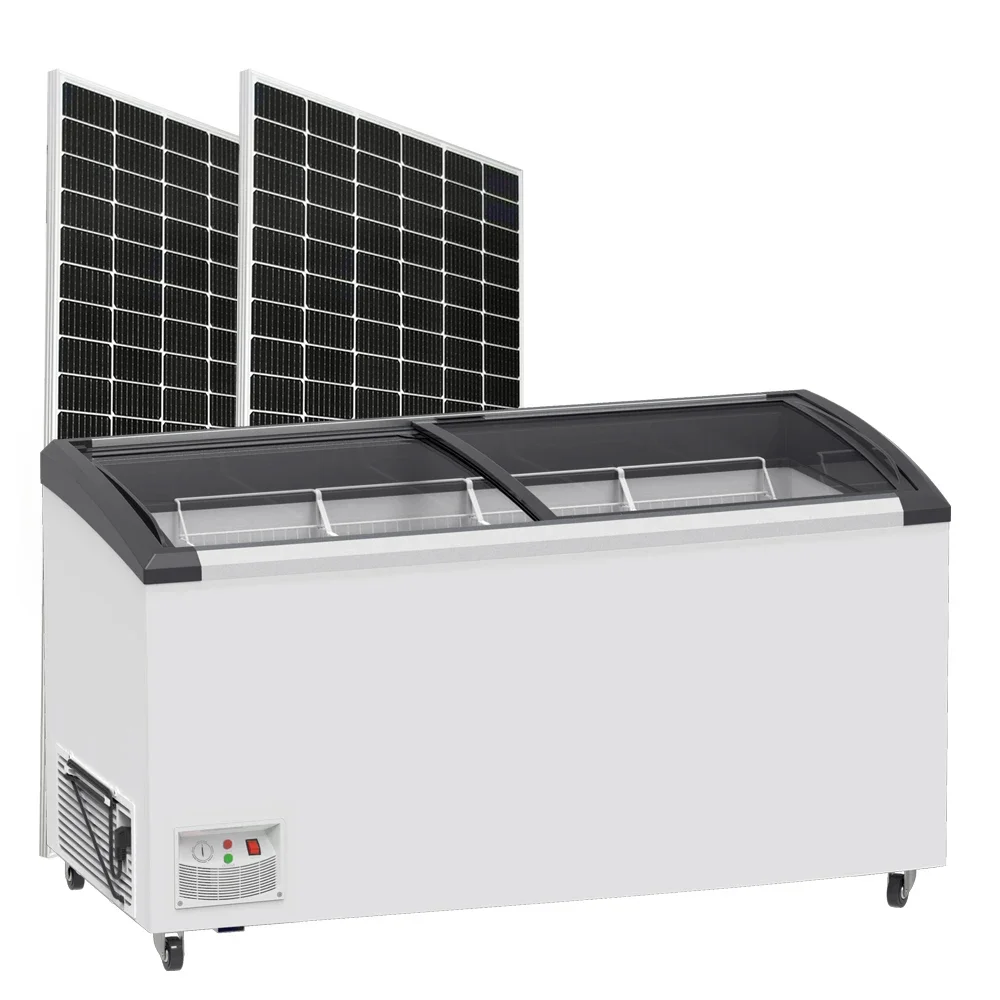 12V 220V AC&DC solar chest freezers sliding door cooling ice cream display showcase Curved glass door solar deep chest freezer
