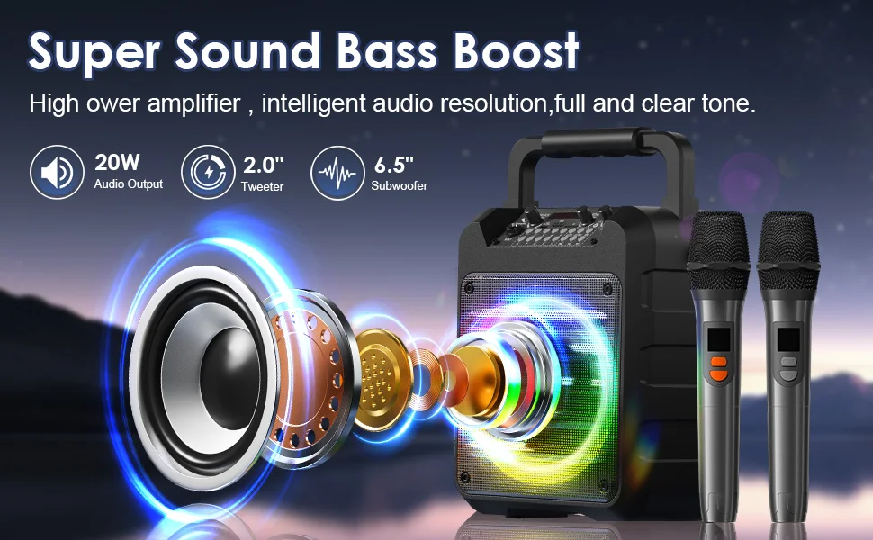 Description Picture 4 of itemPERLEO Adults Kids Portable Bluetooth Karaoke Speaker with Two Wireless Microphones, Bass and Treble for Party/Meeting