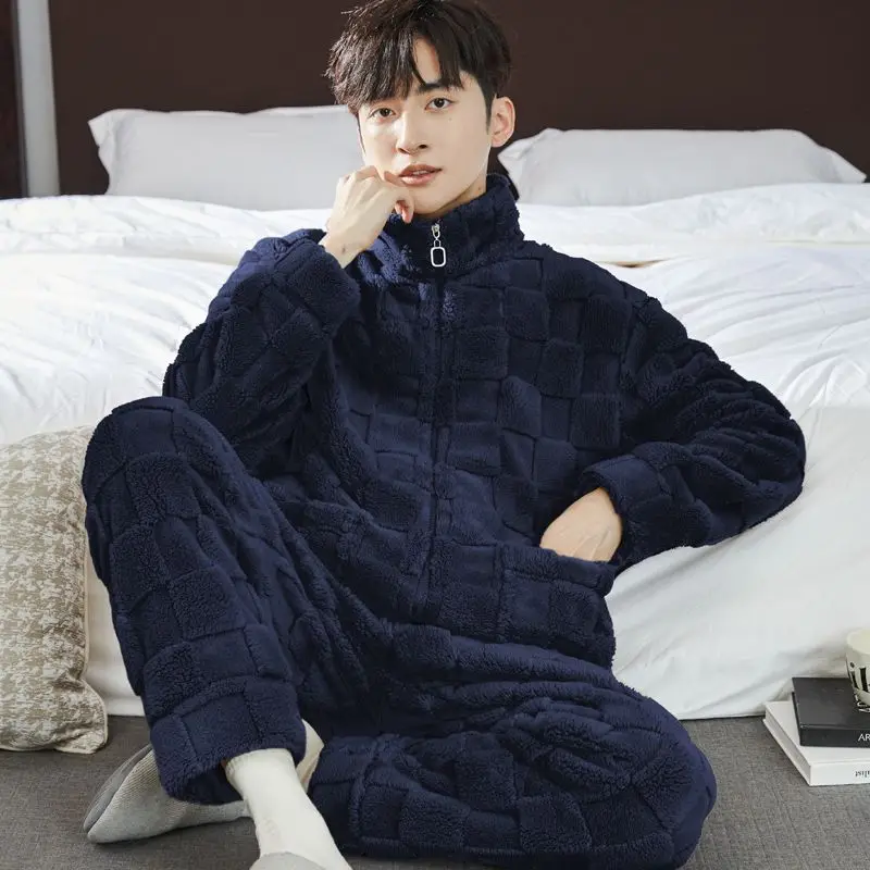 2024 New Men's Pajamas Outside Wear Coral Velvet Homewear Autumn Winter Zippers Sleepwear Handsome Flannel Home Clothing Set