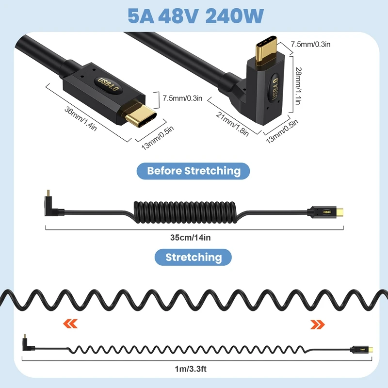 용수철 확장형 USB4 듀얼 헤드 C타입 데이터 케이블, 고속 동축 PD 케이블, 8K 60HZ 번개 노트북, 40Gbps, 240W, 48V, 5A