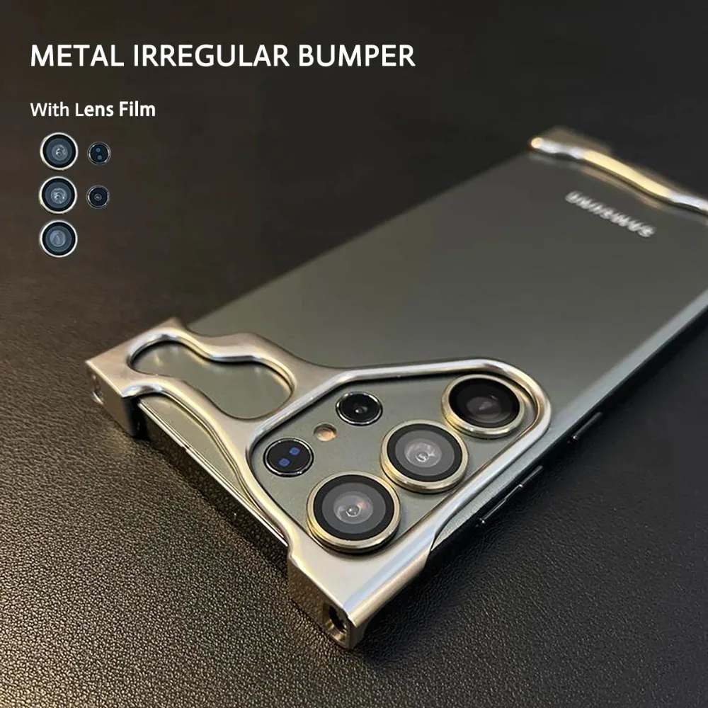 

Несимметричный безрамочный чехол из алюминиевого сплава для Samsung S23 S24 Ultra Plus, чехлы для телефонов, Защитная пленка для объектива, металлический противоударный чехол