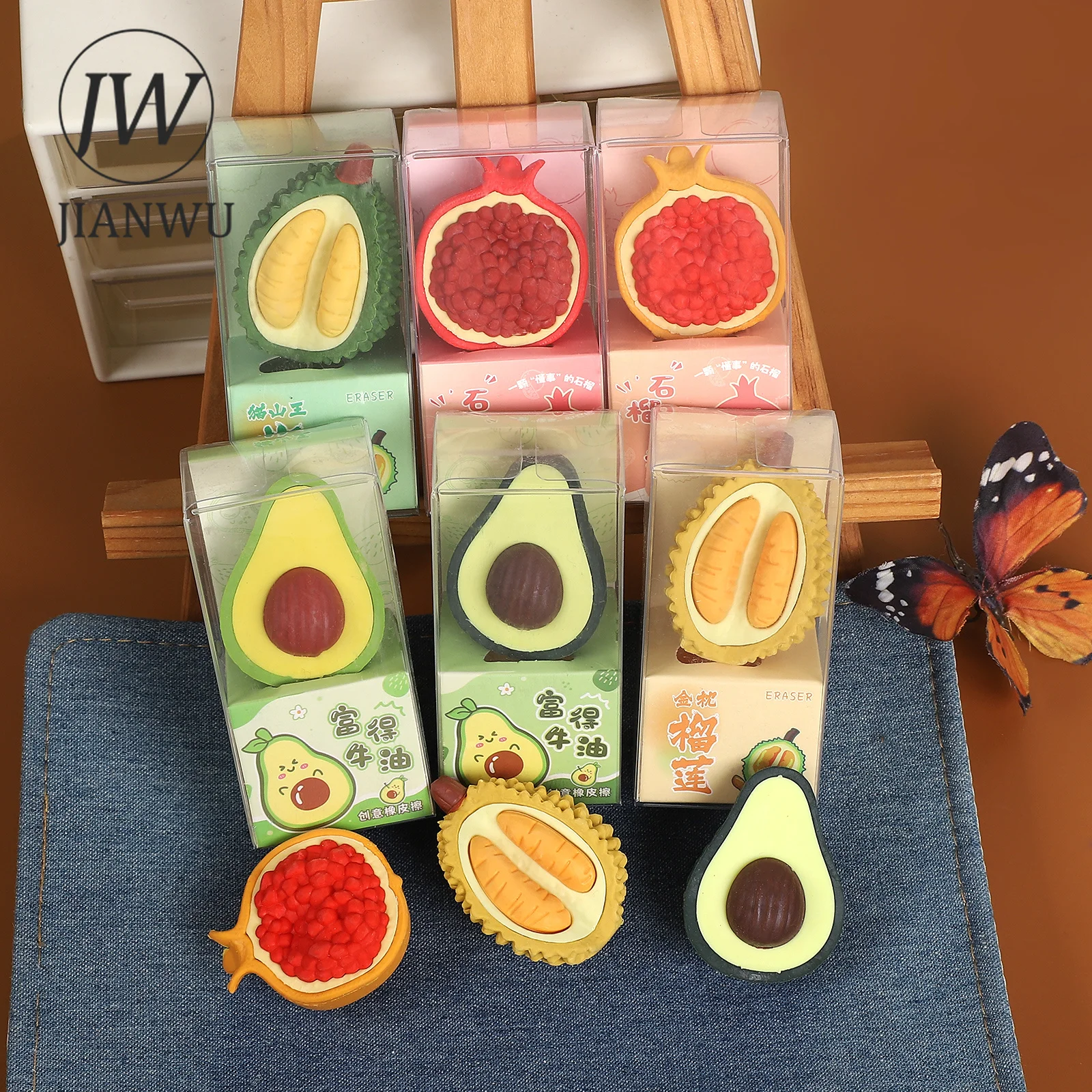 JIANWU 1Pc 두리안 아보카도 석류 과일 모양의 재료 콜라주 지우개 크리 에이 티브 DIY 저널 학생 용품 문구