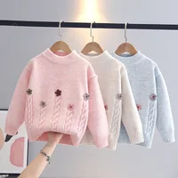 Autumn/Winter New Arrival Girls' Round Neck Floral Knit Sweater – Cozy Pullover Top for Toddlers and Kids