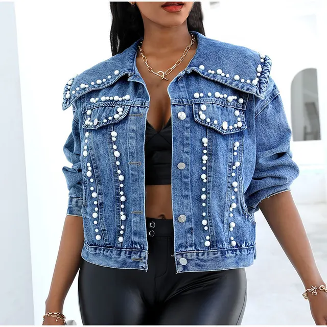 Streetwear giacche di Jeans corte con perline di perle donna lavaggio  bianco giacca di Jeans ritagliata Casual Vintage cappotto di Jeans Bomber a  maniche lunghe| | - AliExpress