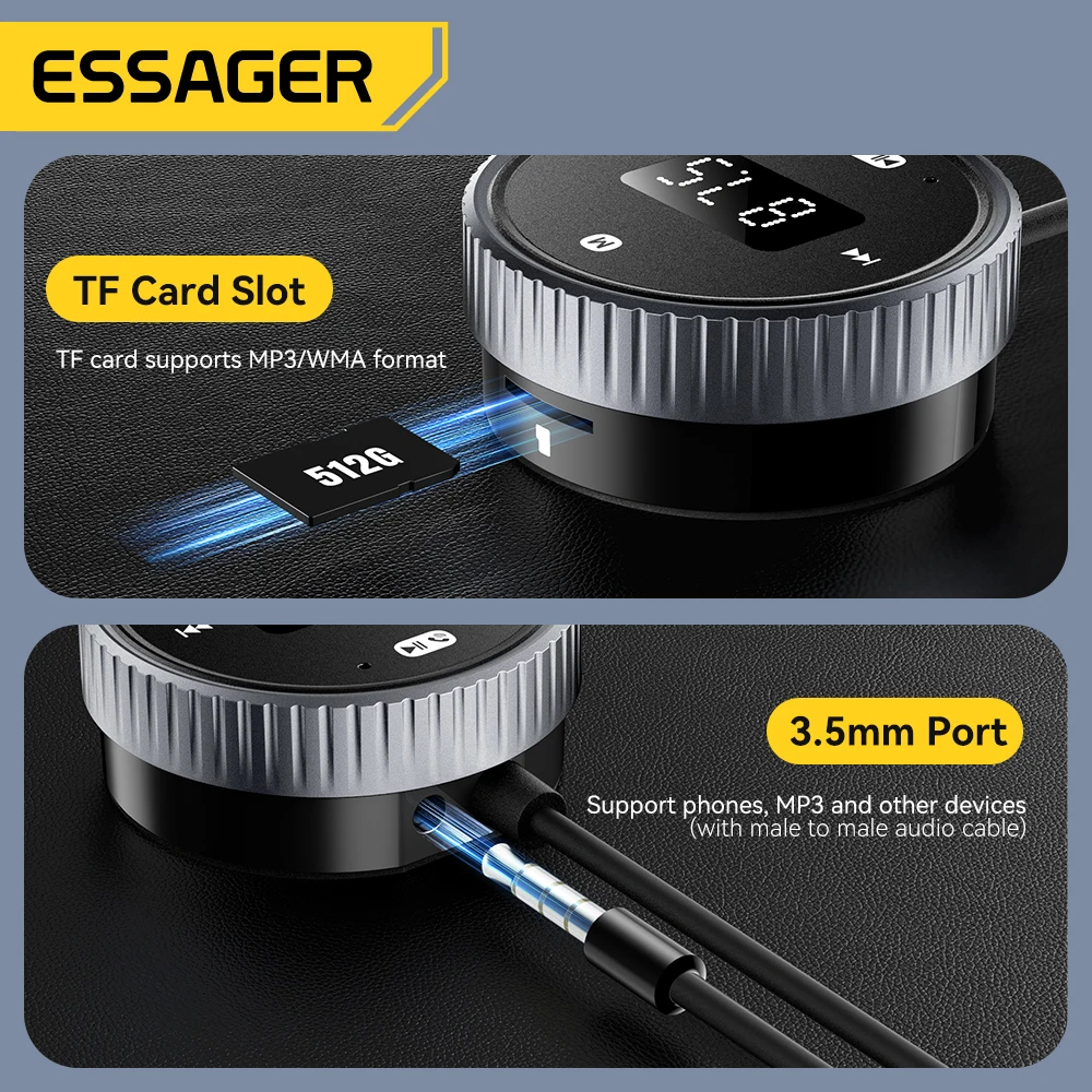 Essager Car Bluetooth 5.3 FM Transmitter Built-in Mic Handsfree LED Display 3.5mm AUX Adapter MP3 Music Player With TF Card Slot