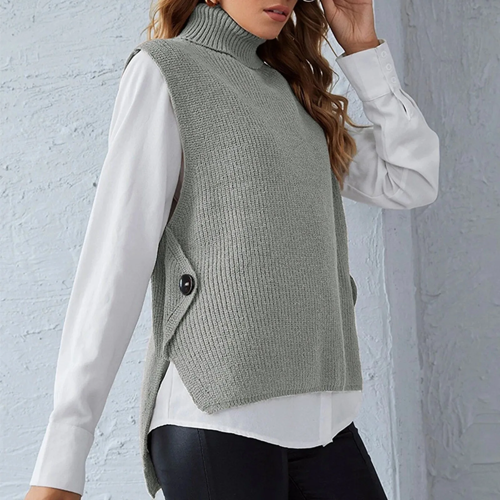 

Women Vintage Sweater Vest Solid Color Casual Slim Knitted Vest Side Buttons Asymmetrical Ladies Pullover Sleeveless Sweater
