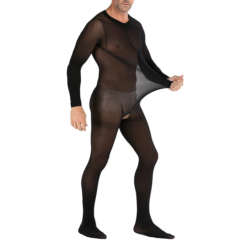 Men Bodysuits Sexy Erotic Lingerie Sheer Solid Color Breathable Crotchless Full Body Transparent Soft Stockings