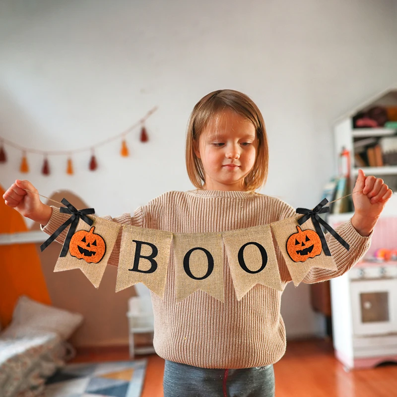 Halloween Burlap Banner BOO Pumpkin Bunting Flag Rustic Hanging Garland for Home Fireplace Halloween Party Decoration Supplies