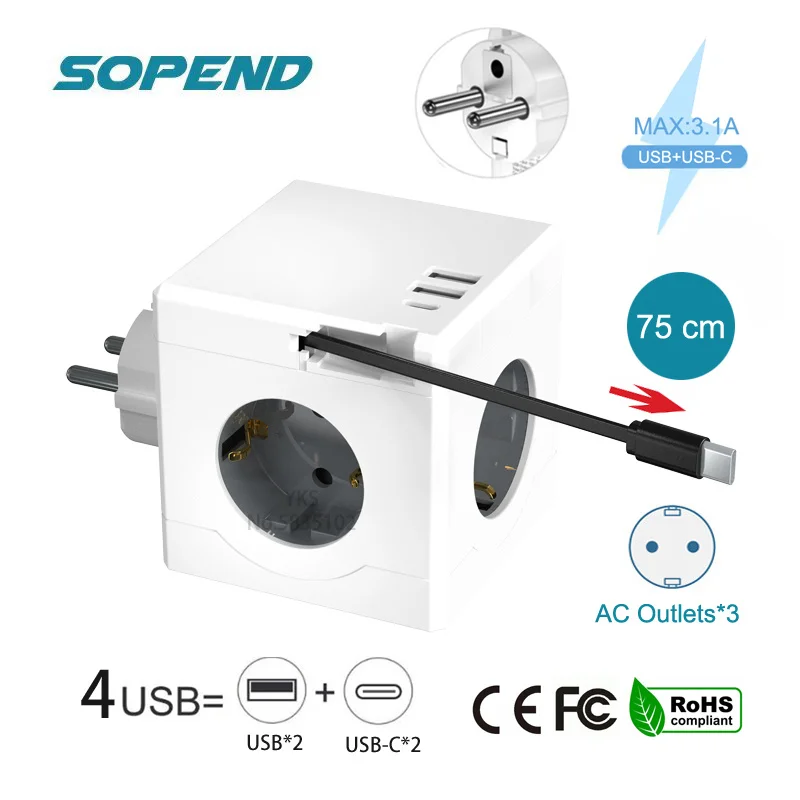 Multi Socket Cube EU Plug Power Strip Adapter Surge Protector 3 AC Outlets 3 USB Charging Port Retractable USB-C Cable power strip plug adapter