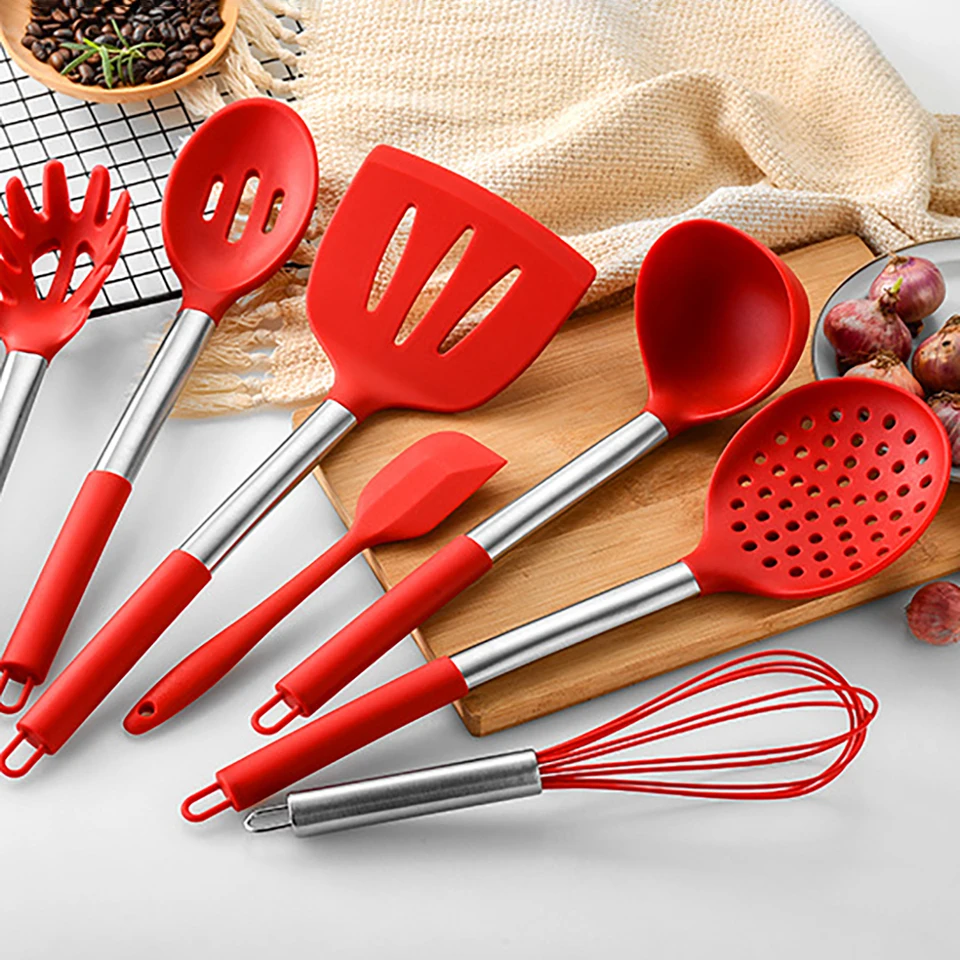 14pcs Red Silicone Kitchenware Non-stick Spatula Soup Spoon Kitchen Utensils  with Storage Bucket Eggbeater Scraper Cooking Set - AliExpress, image size:960x960