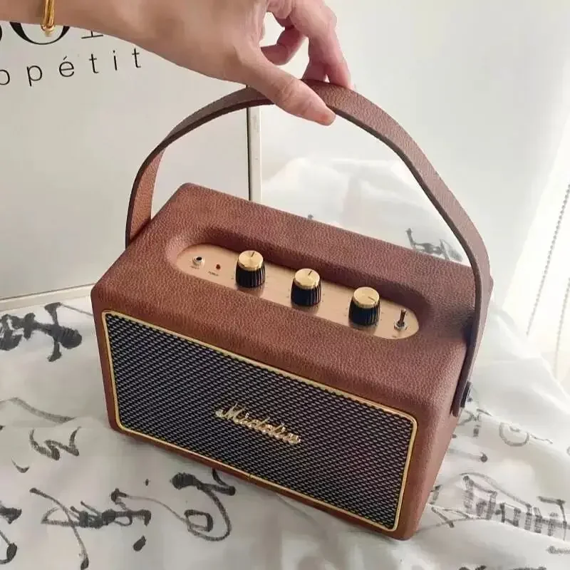 Bluetooth Speaker Professional Portable Wireless Vintage Bluetooth Speakers USB Card Reader Wooden PU Outdoor Home Music Player with Handle Grip