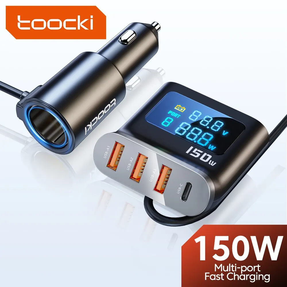Car Charger 150W 5 in 1 Fast Charge USB Type C QC PD 3.0 Cigarette Lighter Splitter