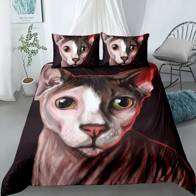 Sphynx Cat King Queen Duvet Cover Lovely Pet Kitty Bedding Set for Kids Teens Adults Animal Grey 2/3pcs Polyester Quilt Cover