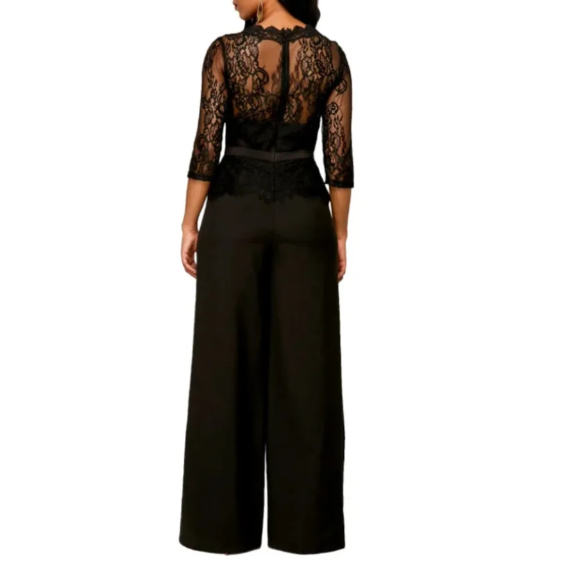 Women Jumpsuit Patchwork See Through Lace High Waist Half Sleeve Vintage O Neck Female Elegant Modest Big Size Ladies Playsuits