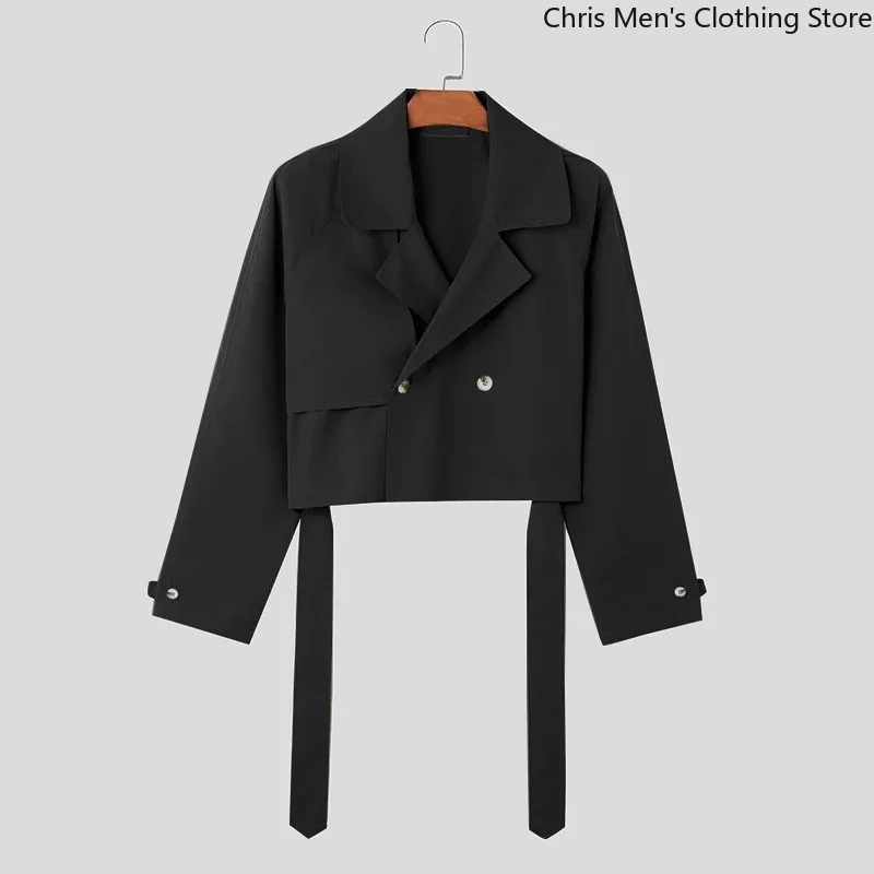 New Fall Fashion Loose Men's Short Trench Coat Super Cool Street Motorcycle Men's Coat Lapel Lace-up Cargo Male Short Jacket