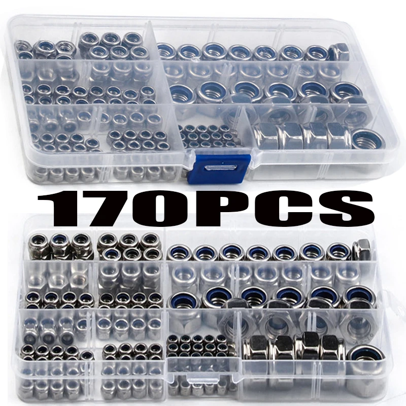 Self-locking Hex Locknut Kit Nylon Lock Nuts Prendedor m3 m4 m6 m8 M10 M12 170 Pcs Conjunto Aço Inoxidável