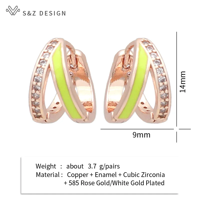 S&Z DESIGN New Fashion Luxury 585 Rose Gold Color Enamel Drop Earrings For Women Girl Wedding Jewelry Cubic Zirconia Eardrop
