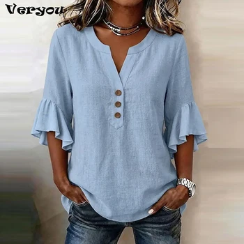 Summer V Neck Women T-Shirts 3/4 Sleeve Button Shirt Blouse Women Casual Solid Color Loose Tops Female Oversized Shirts 1