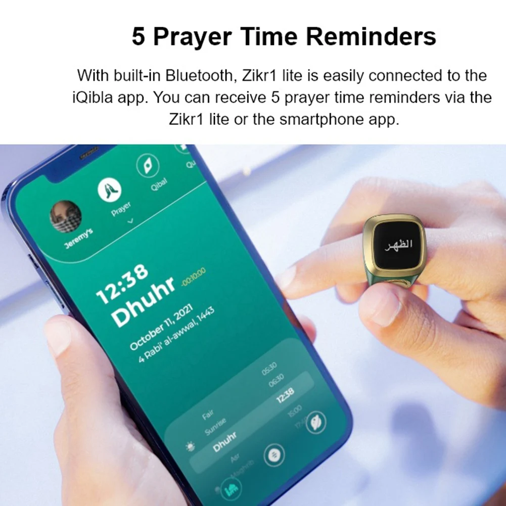 ABZS 스마트 카운터 링 Tasbih 탈리 카운터 링 무슬림 Zikr 디지털 Tasbeeh 5 기도 시간 Tasbih Zikr 링 (검은색)