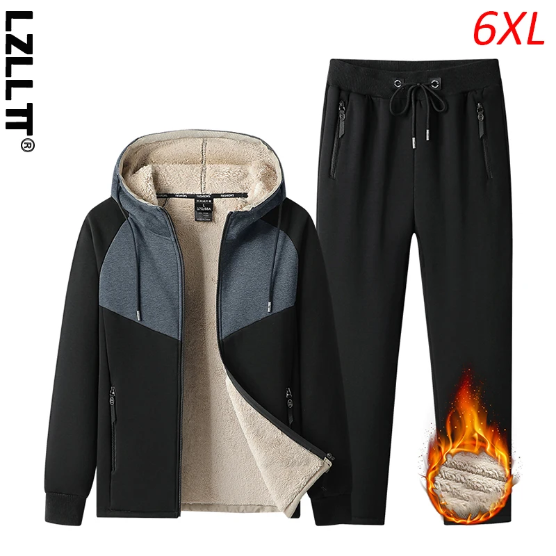 

Winter Men Fleece Hooded Casual Sport Suits Man Jogger Run Outdoor Tracksuits Male Thick Sportwear Sets 2 Piece Jacket Coat Pant