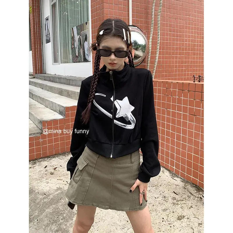 

Spring Autumn Vintage Jackets Women Turn-down Collar Y2k Print Jackets Coats American Retro Black Coat Streetwear Female Tops