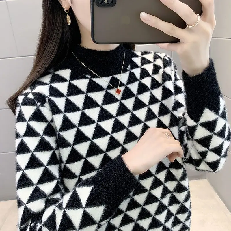 2023 Autumn and Winter Women's Articulated Argyle Half High Collar Long Sleeve Fleece Sweaters Jumpers Fashion Casual Tops