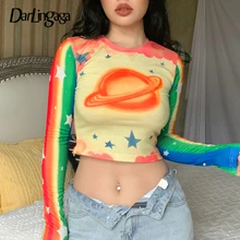 

Darlingaga Harajuku Star Printing Tie Dye Spring Female T-shirt Casual Bodycon Crop Top Graphic Tees Slim Crew Neck Korean Cute