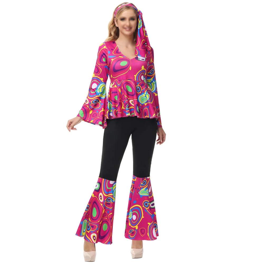 Traje de discoteca para mujer, disfraz hippie de los años 70, atuendos retro, vestido de baile brillante, pantalón acampanado, atuendo elegante, disfraces de cosplay de Halloween