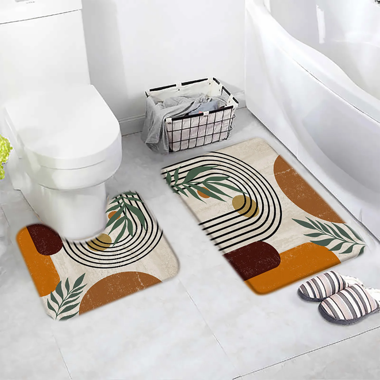 Minimalist Geometric Bath Mat, Black and Gold Brown Modern Bath Rug,  Minimal Stylish Shower Mat, Elegant Bathroom Decor 