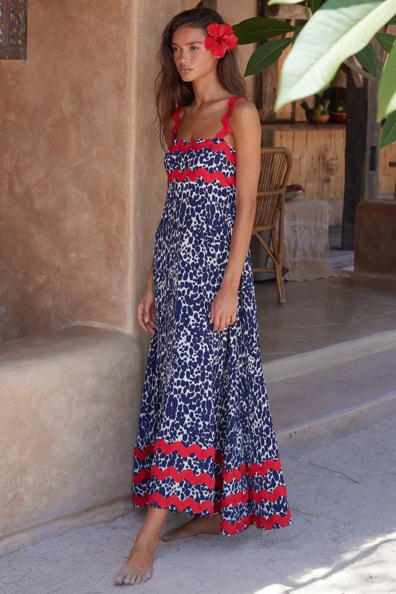 Bohemian Summer Printed A-line Long Dress Sexy Backless Holiday Beach Spaghetti Strap Dresses For Women Maxi Vestidos Para Mujer