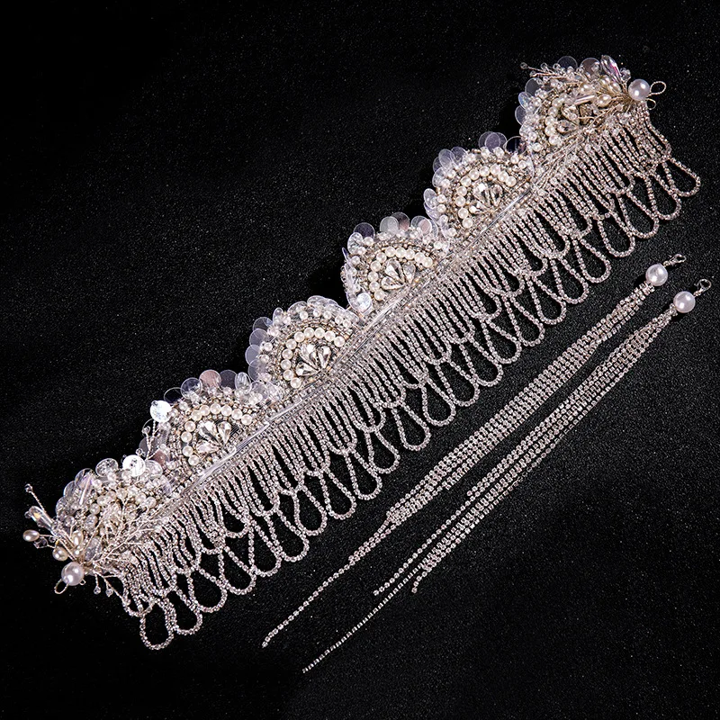 

JaneVini Luxury Handmade Bead Bride Headband Hairband Tassel Silver Crystal Rhinestone Forehead Princess Bridal Tiaras Crowns