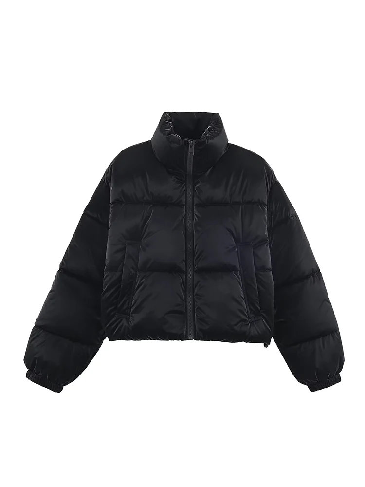 New Casual Puffy Cotton Coats For Women Stand Collar Zipper Up Long Sleeve Warm Streetwear 2025 Winter Female Chic Jacket