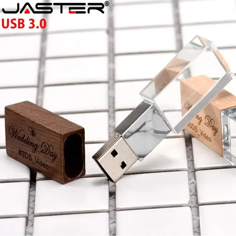Jaster-memory Sticks de Madeira de Cristal Fotografia de Casamento Logo Personalizado Usb 3.0 Pen Drive 64gb 32gb 16gb 4gb Versão