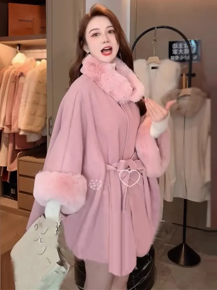 Description Picture 5 of item8 Colors Winter Streetwear Women Fake Woolen Big Pendulum Long Poncho Cloak Faux Rabbit Collar Fur Loose Oversize Coat With Belt