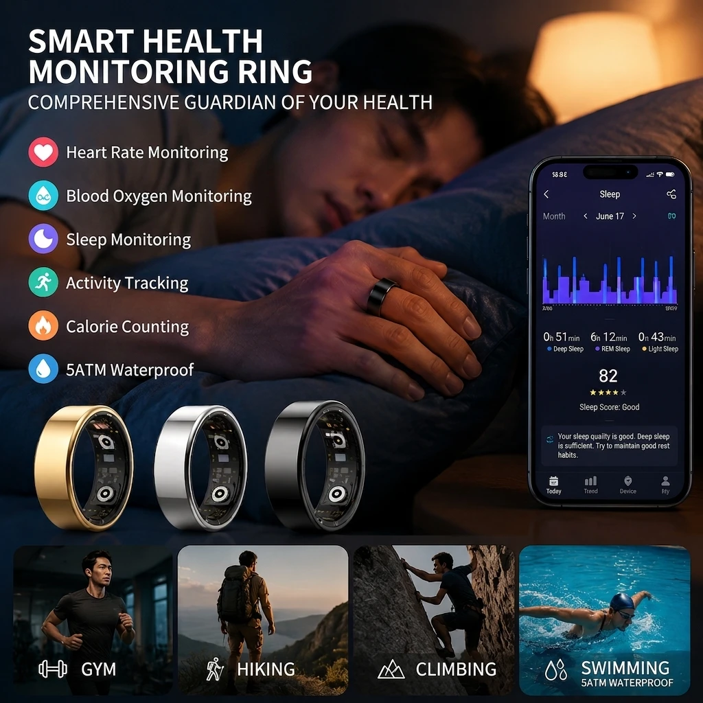 Anello Intelligente per Monitoraggio della Salute Uomo Donna, Monitoraggio Frequenza Cardiaca e Ossigeno nel Sangue, Impermeabile 5ATM, Modalità Multi-sport