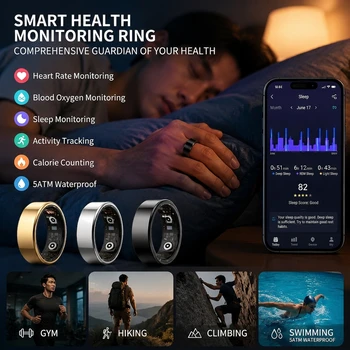 Anello Intelligente per Monitoraggio della Salute Uomo Donna, Monitoraggio Frequenza Cardiaca e Ossigeno nel Sangue, Impermeabile 5ATM, Modalità Multi-sport