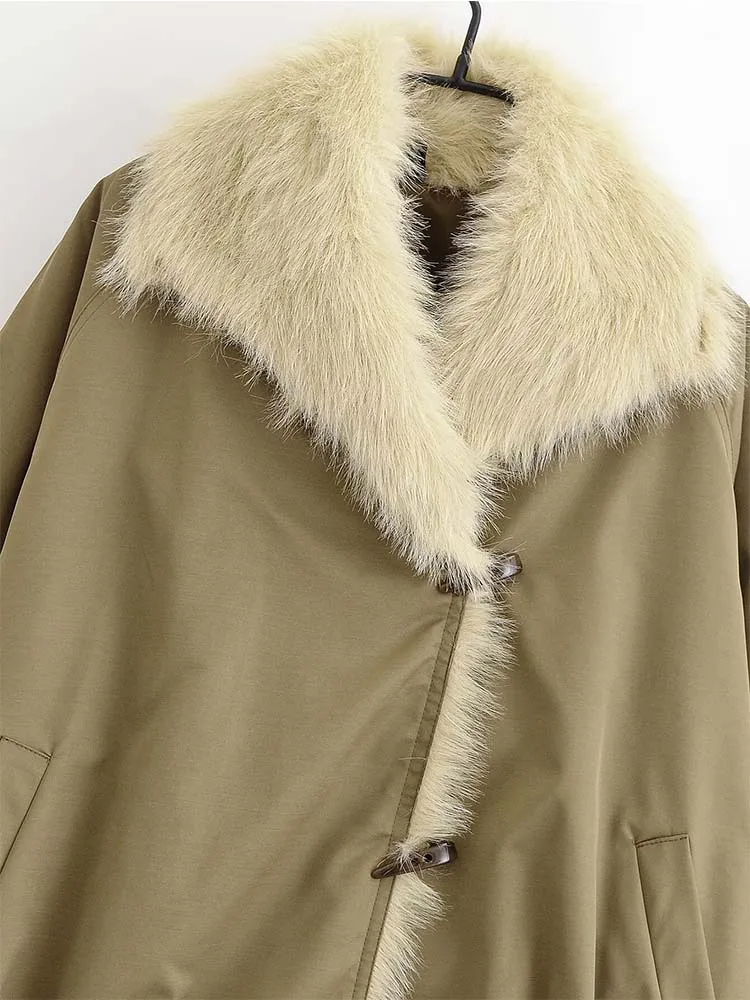 Elegant Chic Autumn Winter Jacket Women's Fur Collar Parka Coat 2025 Fashion Horn Button High Street Casual New Outerwear