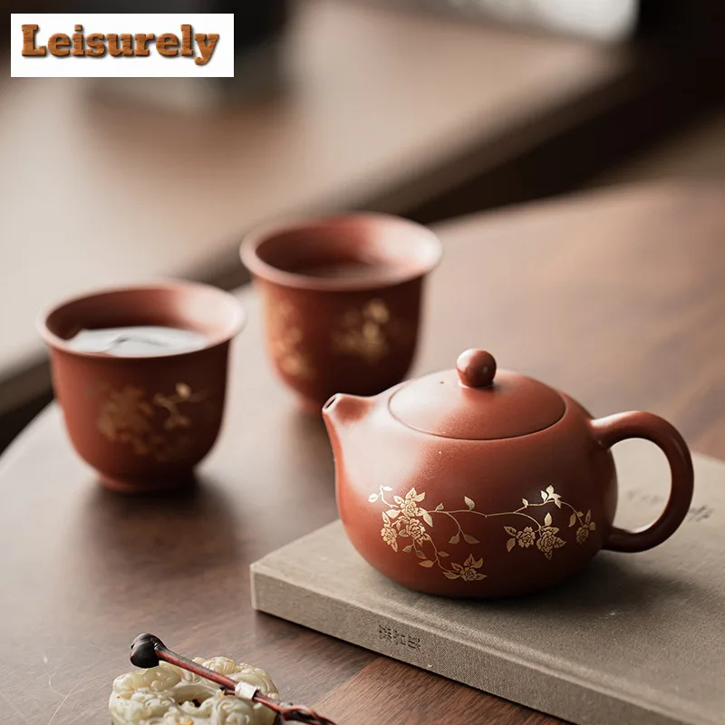 Zisha Gilded Twining Lotus Xishi Teapot Tea Set Complete Set Vintage Tea Ceremony Set Teapot and Tea Cup Set for Tea Ornaments