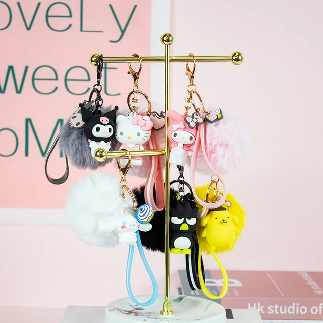 Hello Kitty Cute Sanrio Kuromi Penguin Frog Dog Cat Keychains with Fluffy Rabbit Fur Ball Women Girl Bag Pendant Keyring Gifts 2