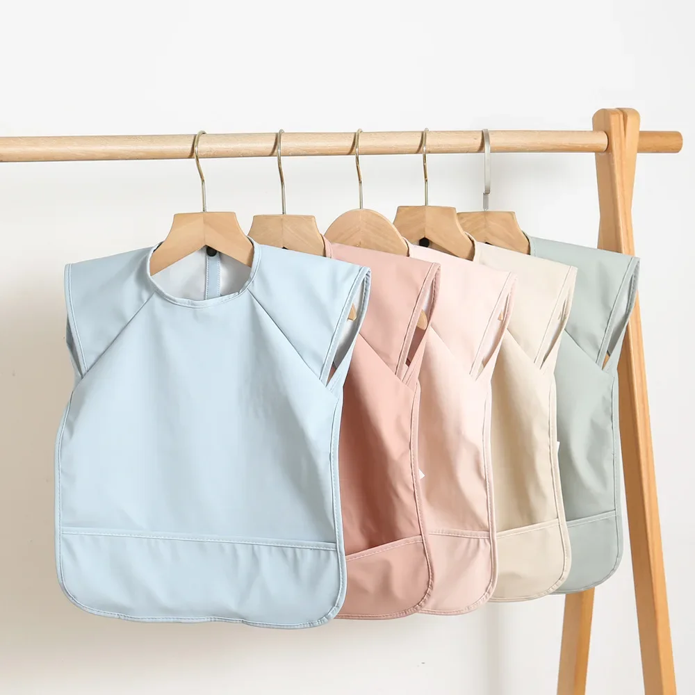 Denmark Children Sleeveless PU Reverse Clothing Baby Eating Clothes Ultra Soft Waterproof Solid Color Meal Pocket Dirt Proof Fee