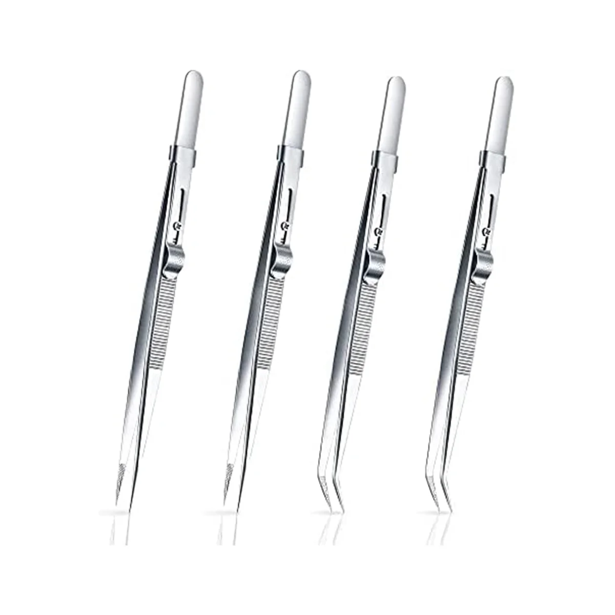 

4 Pack Diamond and Jewelry Tweezers Fine Point Tip Straight Tweezer and Locking Curved Tip Precision Locking Tweezer