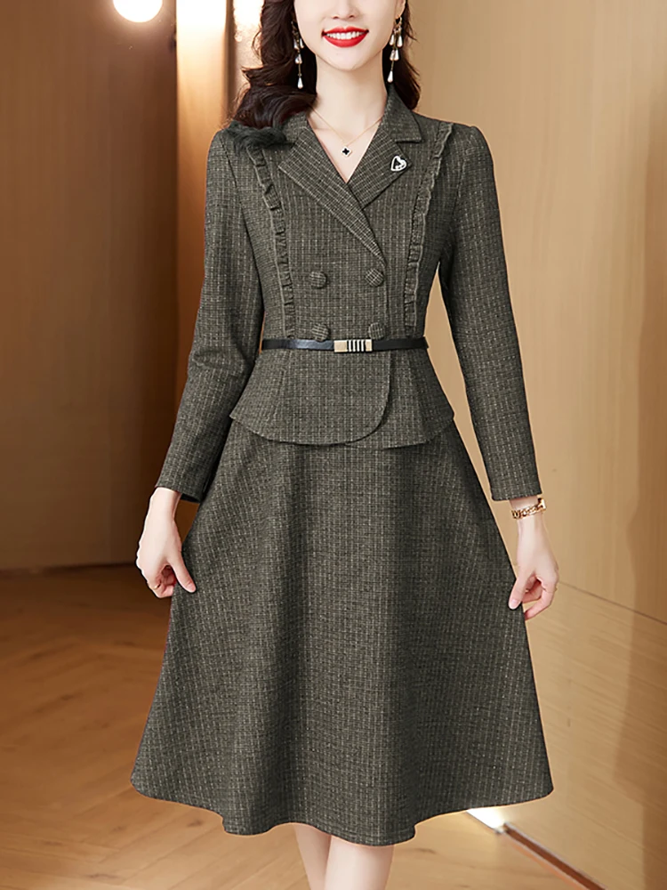 Autumn Winter Red Long Sleeve Midi Suit Dress Women Fashion