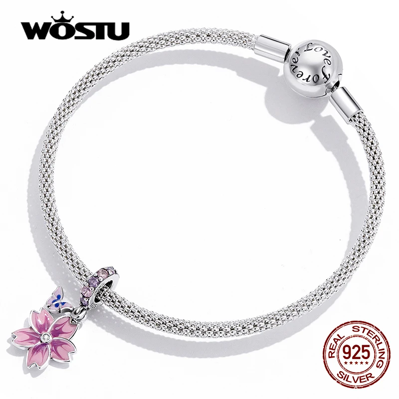 WOSTU 나비 핑크 퍼플 꽃 매력 비드 펜던트에 맞게 원래 팔찌 목걸이 여성 쥬얼리 C2185