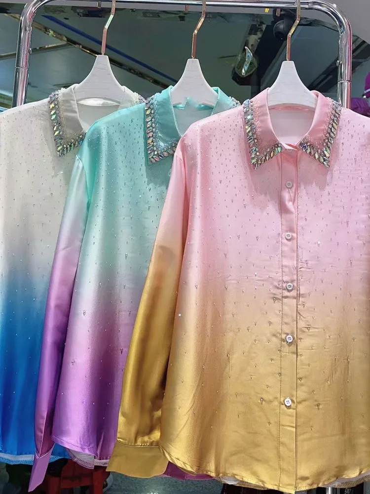 

Модная градиентная блузка из мерсеризованного хлопка, модель 2024 года, Весенняя однобортная женская рубашка с отворотом и длинным рукавом